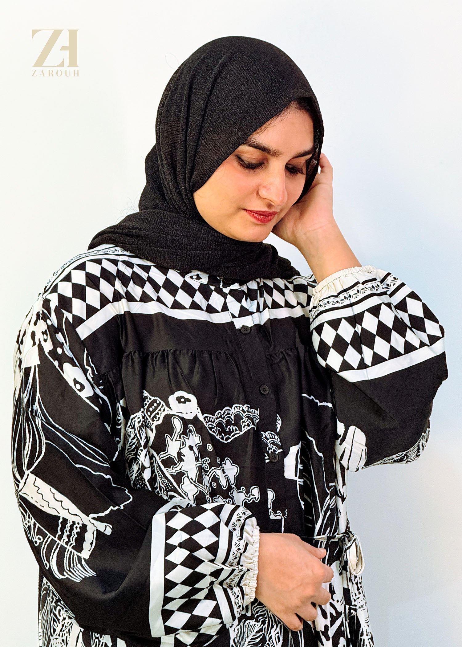 Black & White Printed Modest Dress