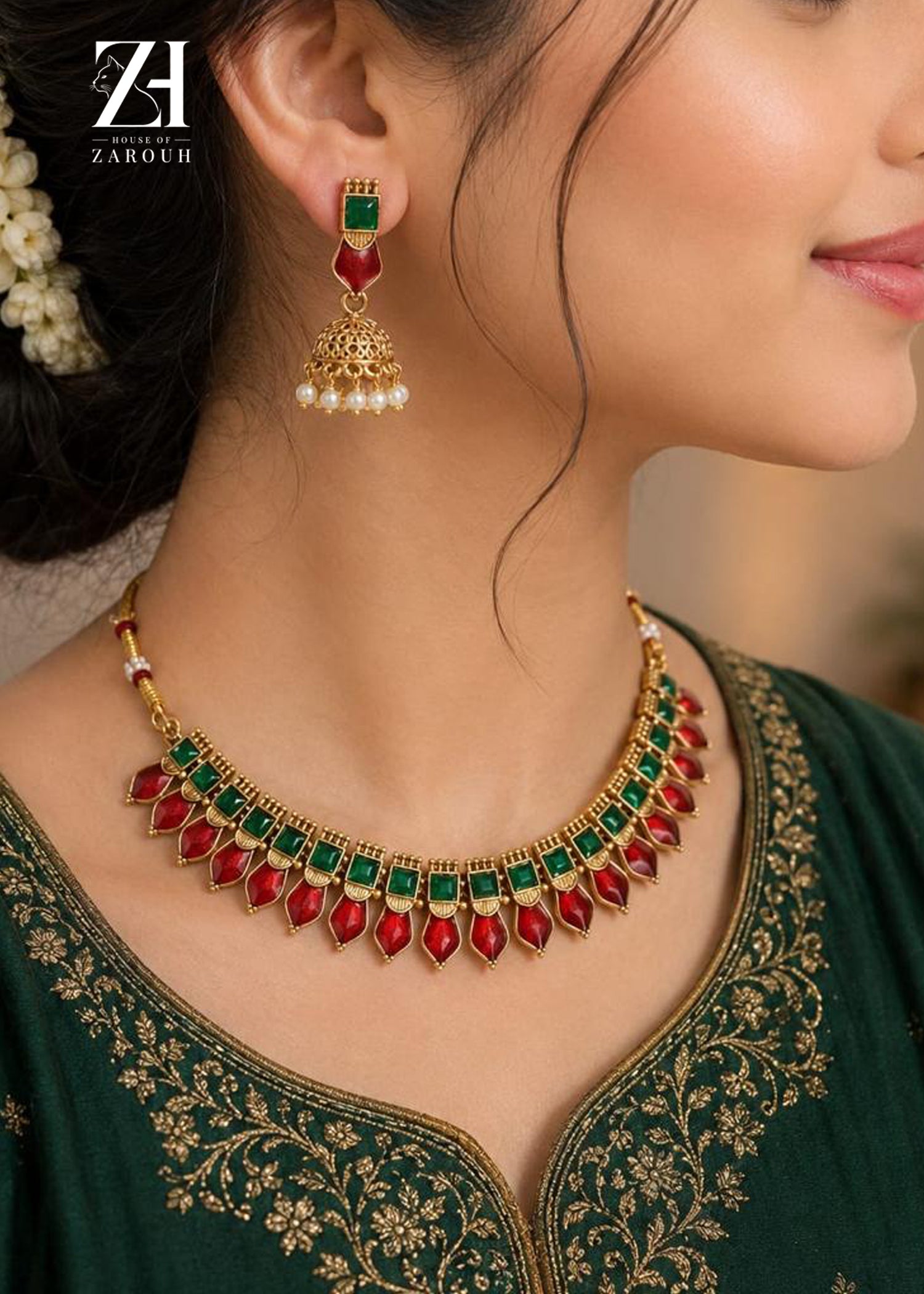 Emerald & Ruby Meenakari Collar Set