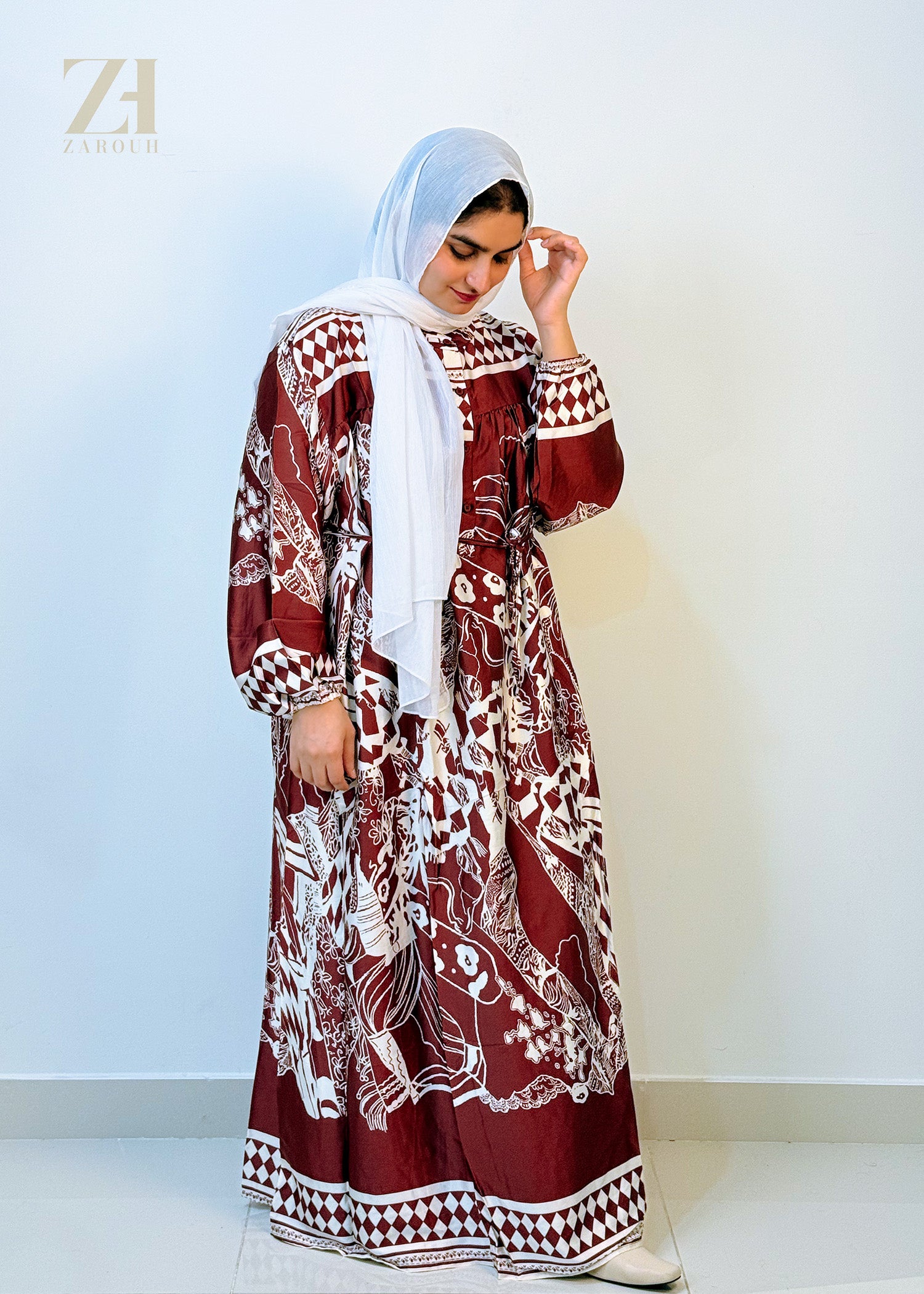Red & White Printed Modest Dress