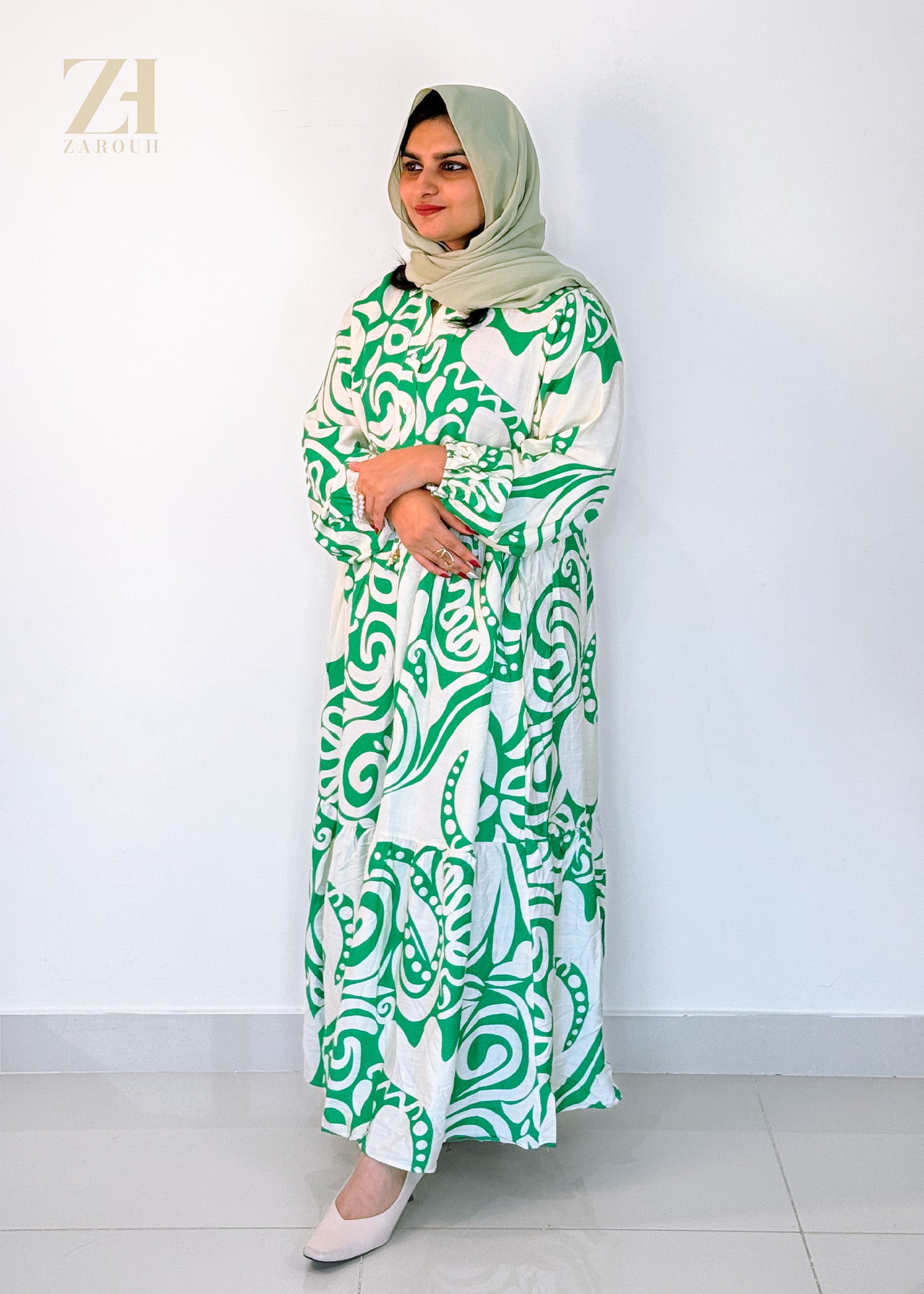 Green & White Abstract Printed Dress