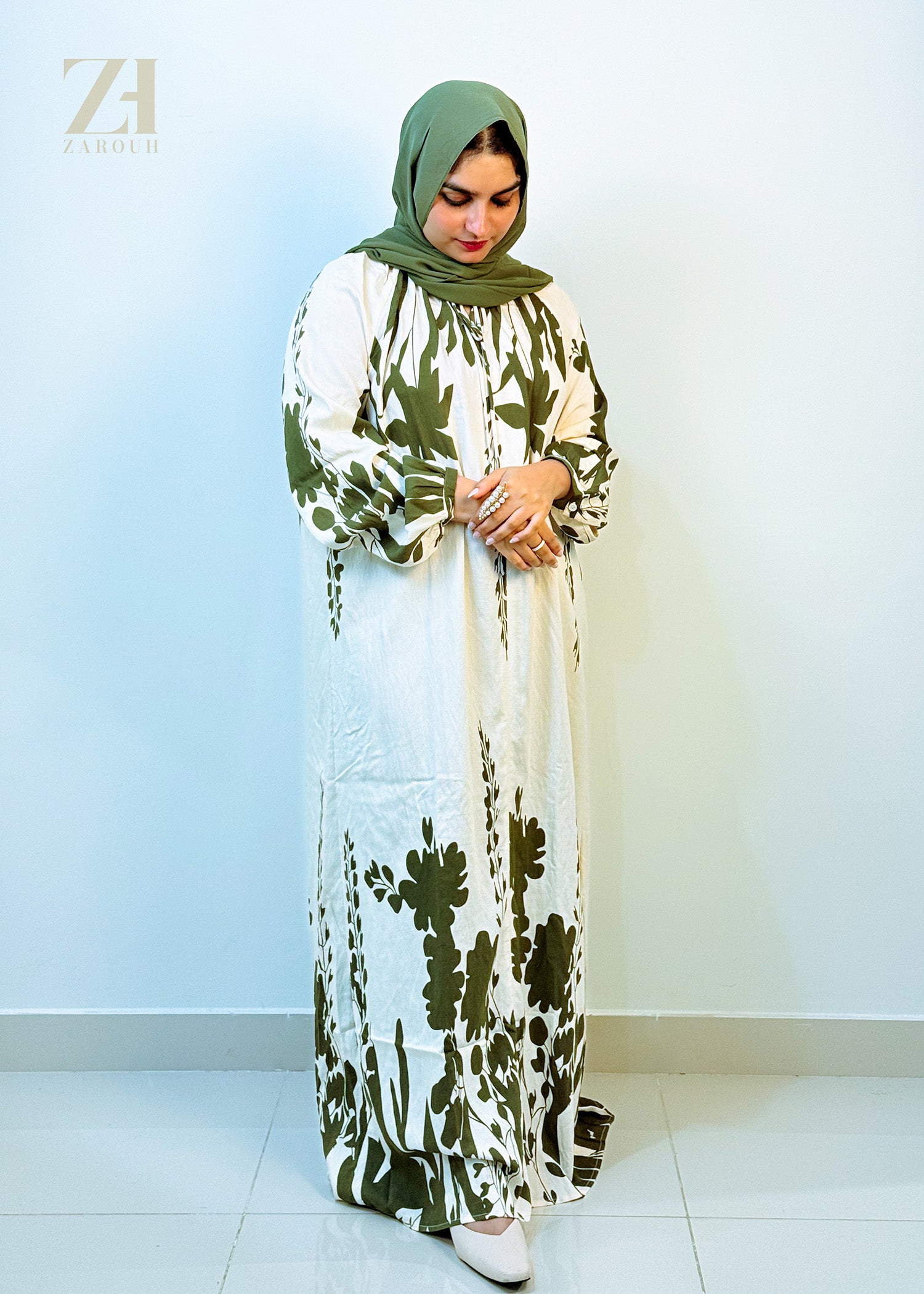 Olive Green & White Floral