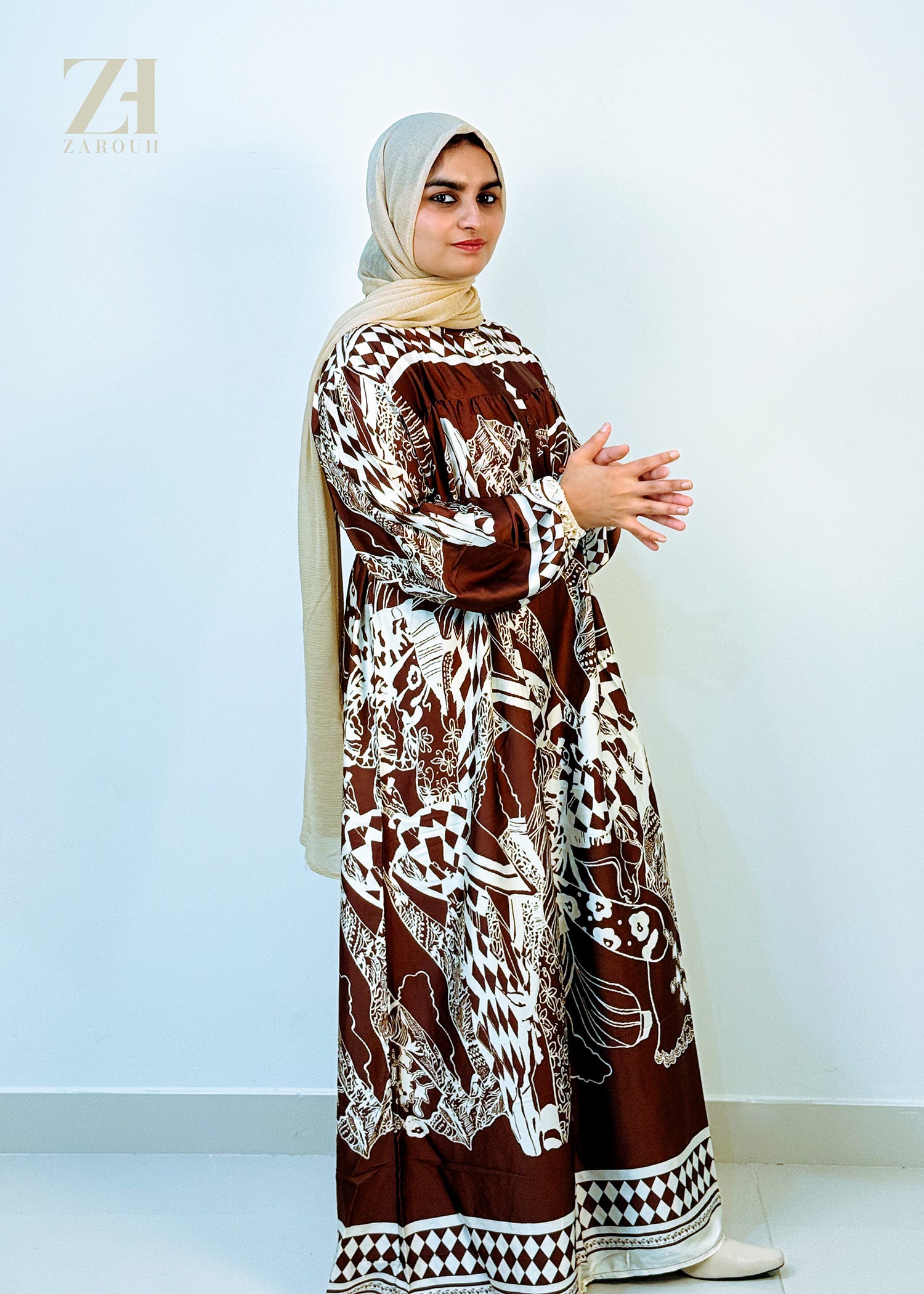 Brown & White Printed Modest Dress