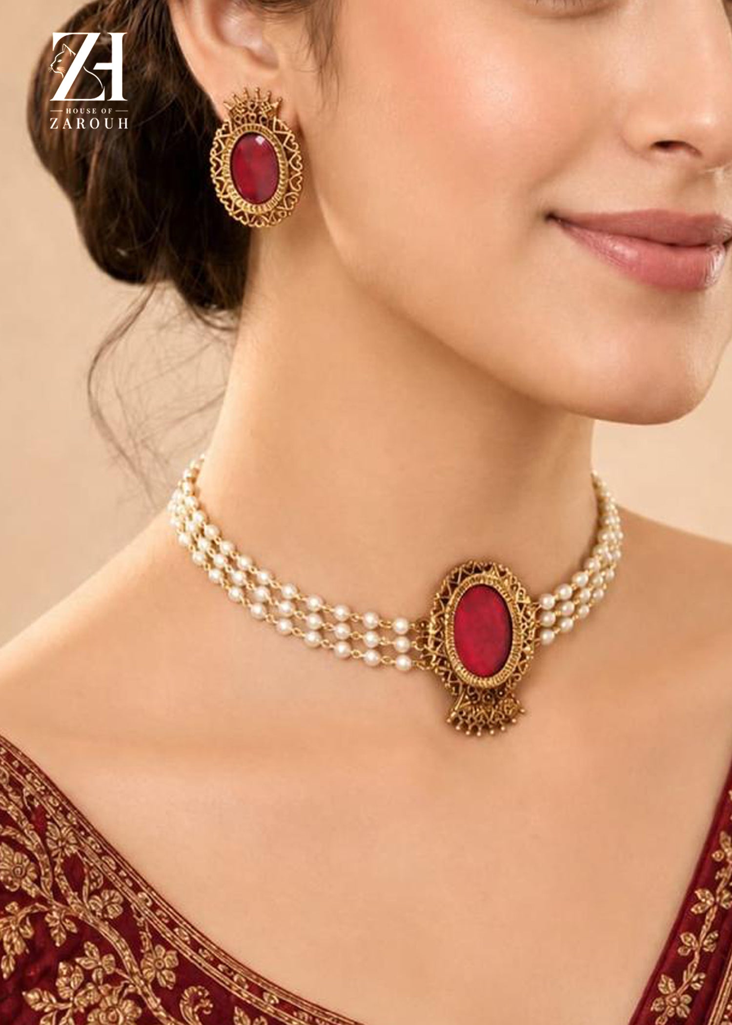 Crimson Pearl Strand Choker Set