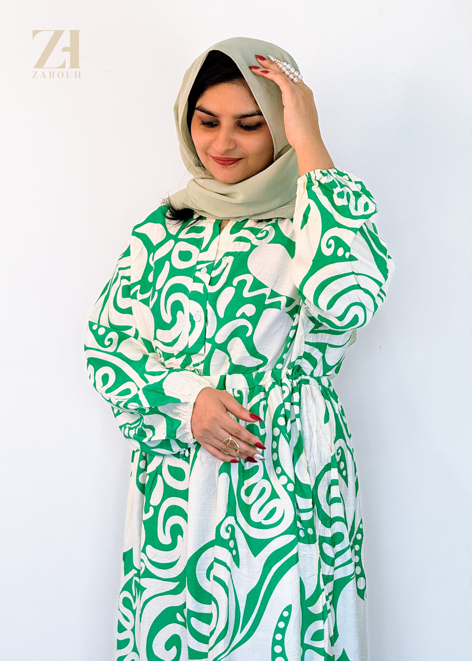 Green & White Abstract Printed Dress