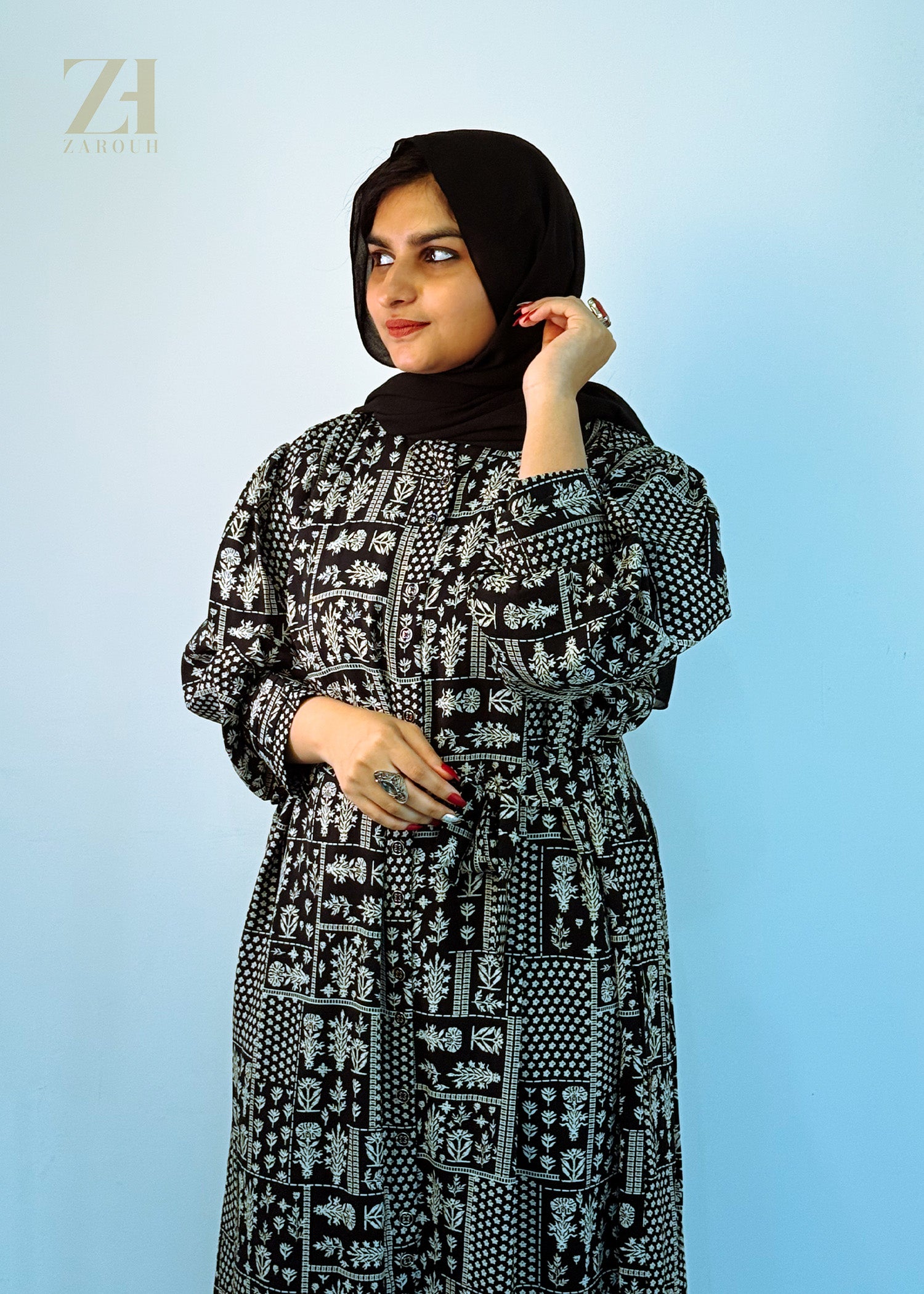 Black Printed Modest fit