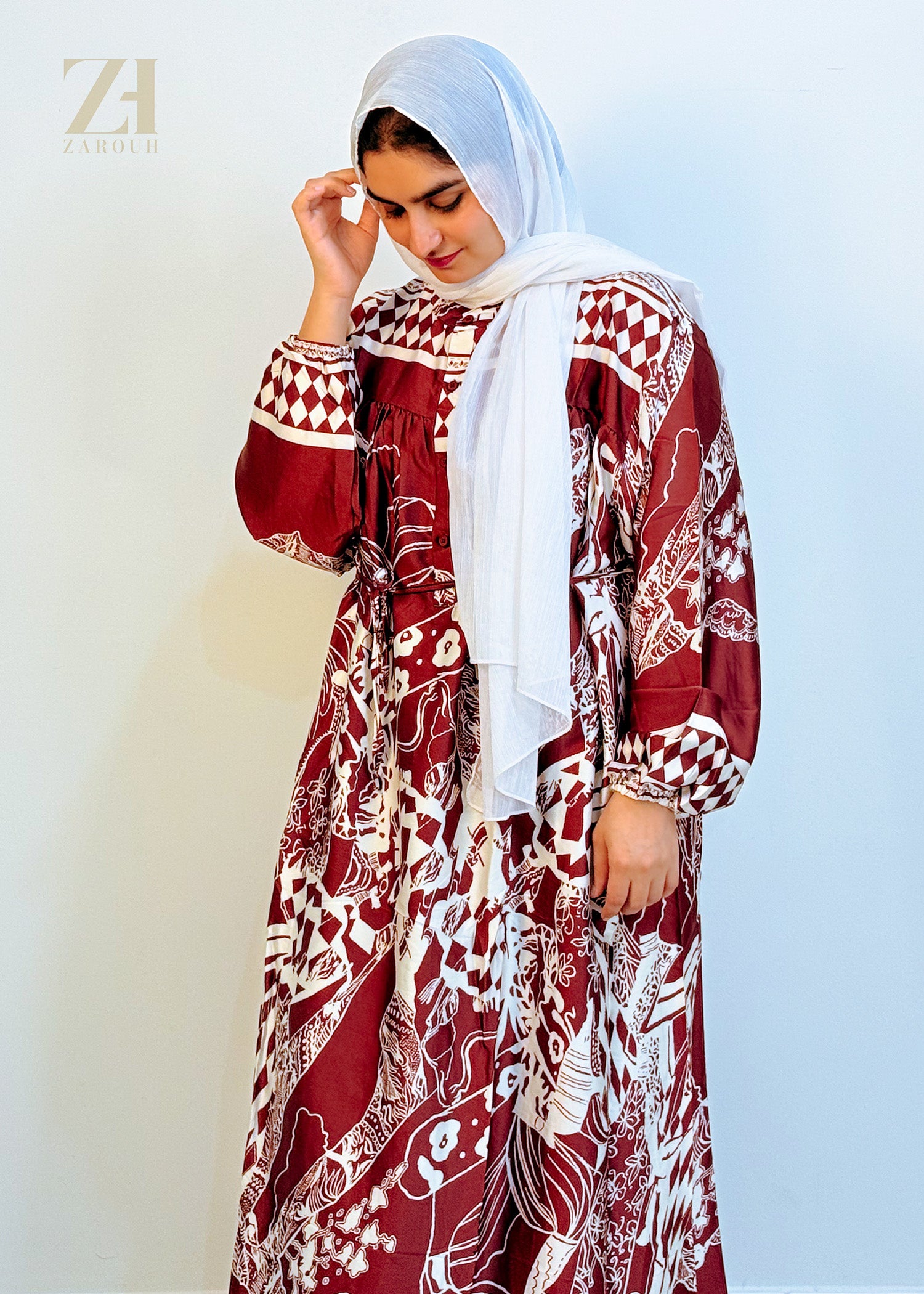 Red & White Printed Modest Dress