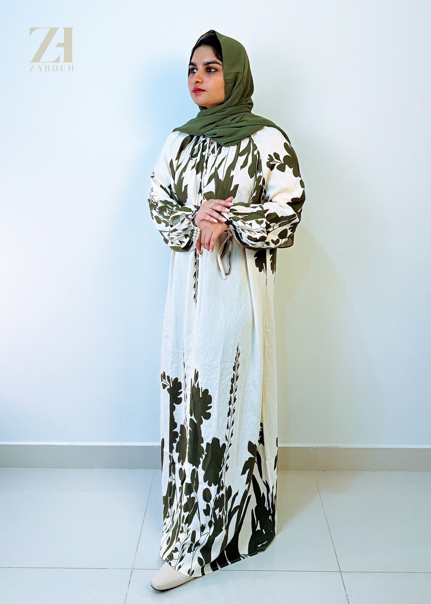 Olive Green & White Floral