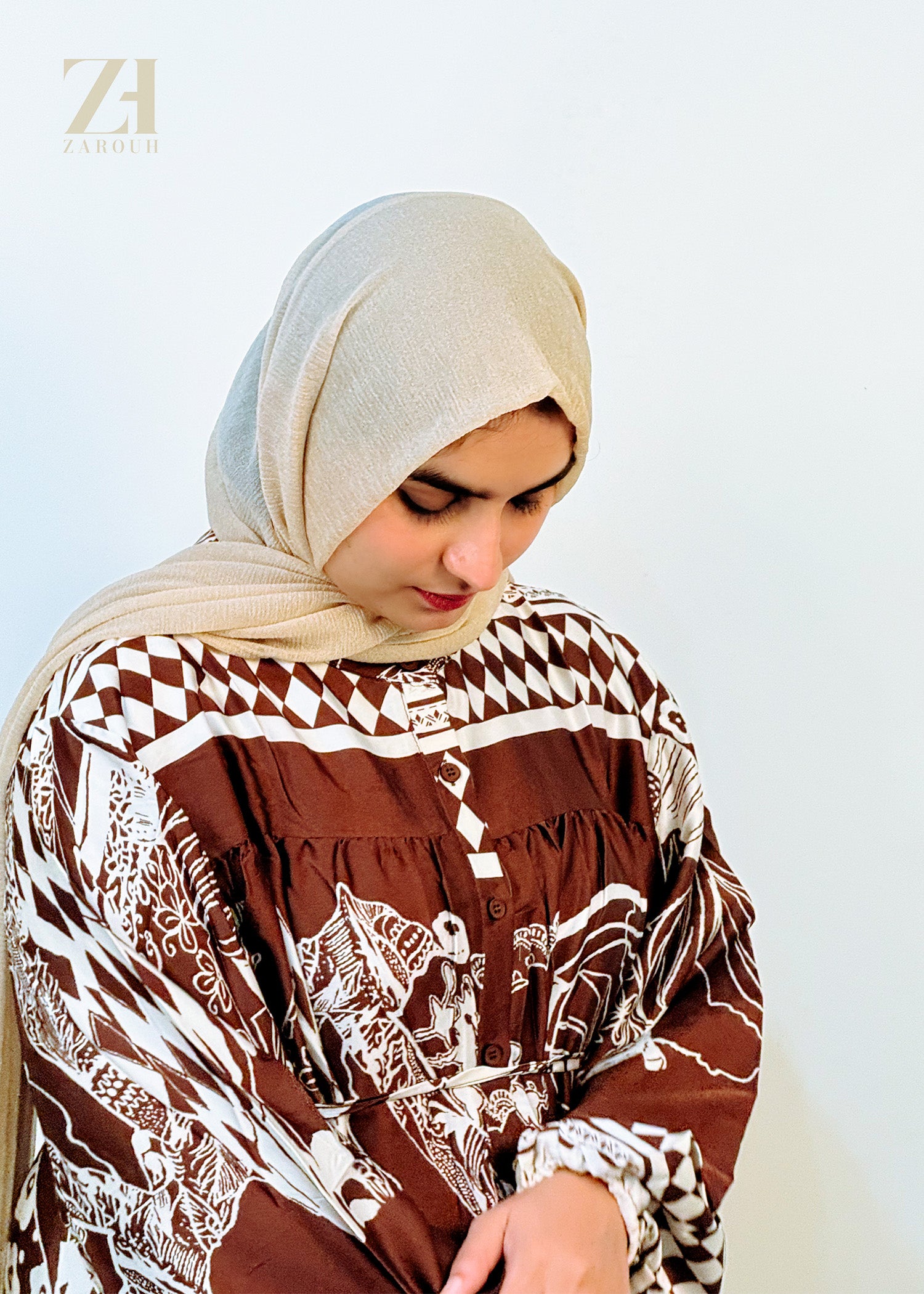 Brown & White Printed Modest Dress