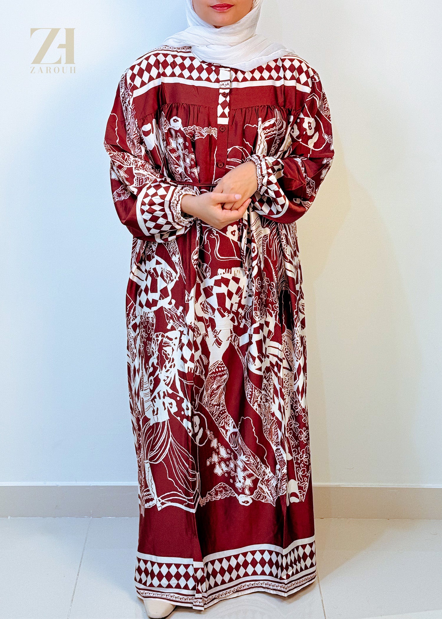 Red & White Printed Modest Dress