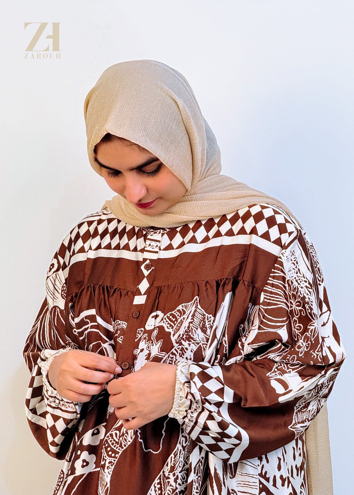 Brown & White Printed Modest Dress
