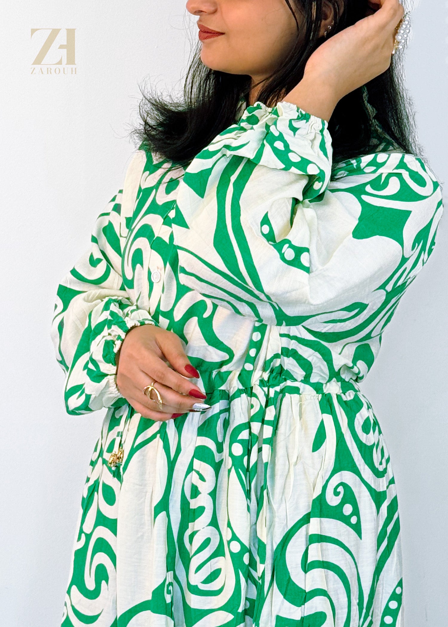 Green & White Abstract Printed Dress