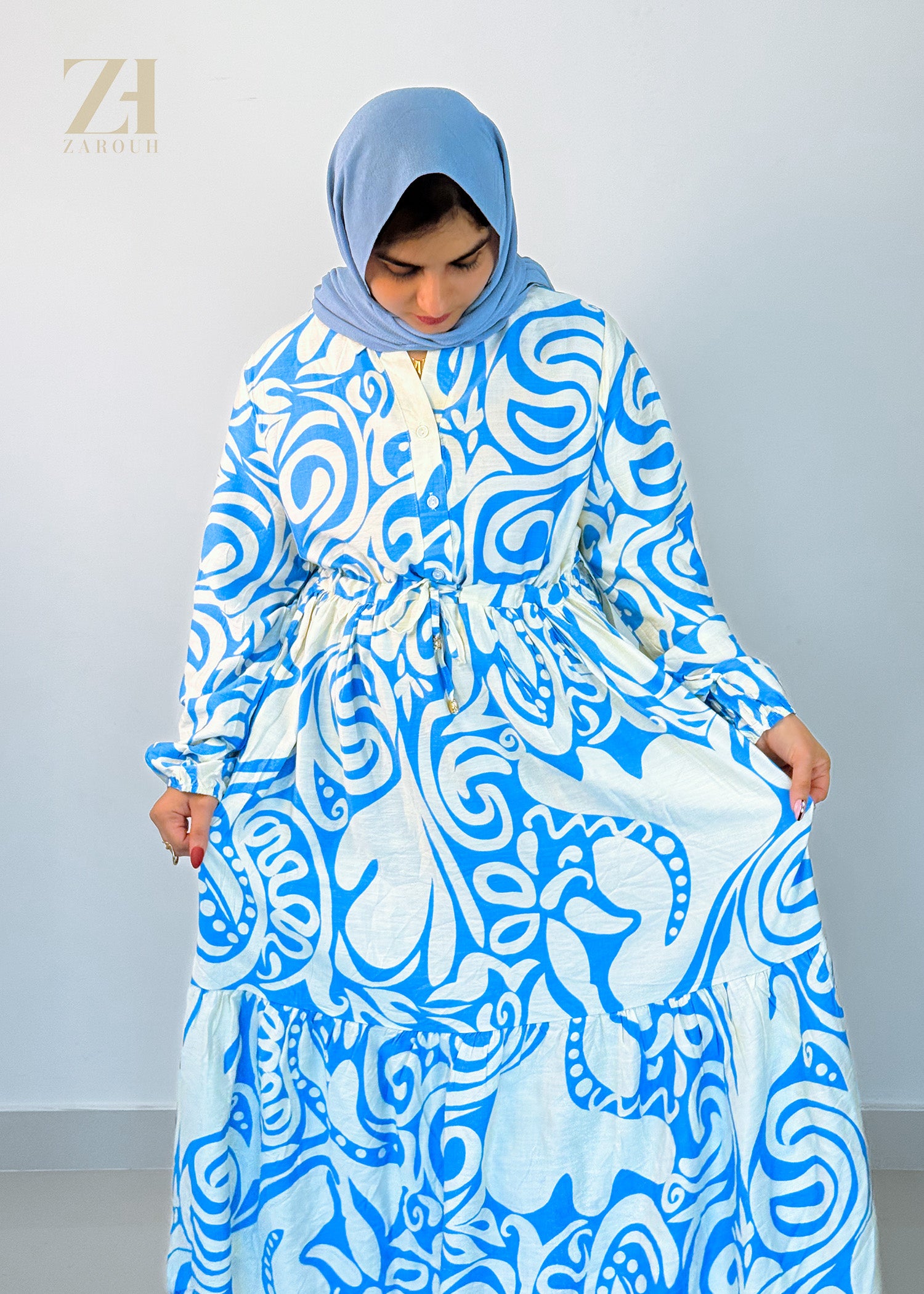 Blue & White Abstract Printed Dress